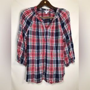 Crown & Ivy Plaid Red Ruffle V-Neck Tunic Top Ladies Size Large